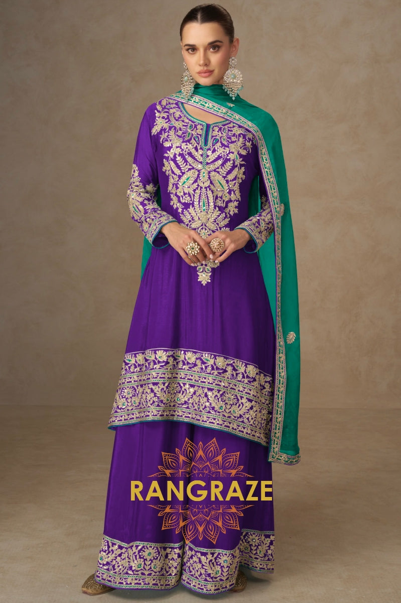 Regal Purple & Teal Embroidered Silk Sharara Suit Set