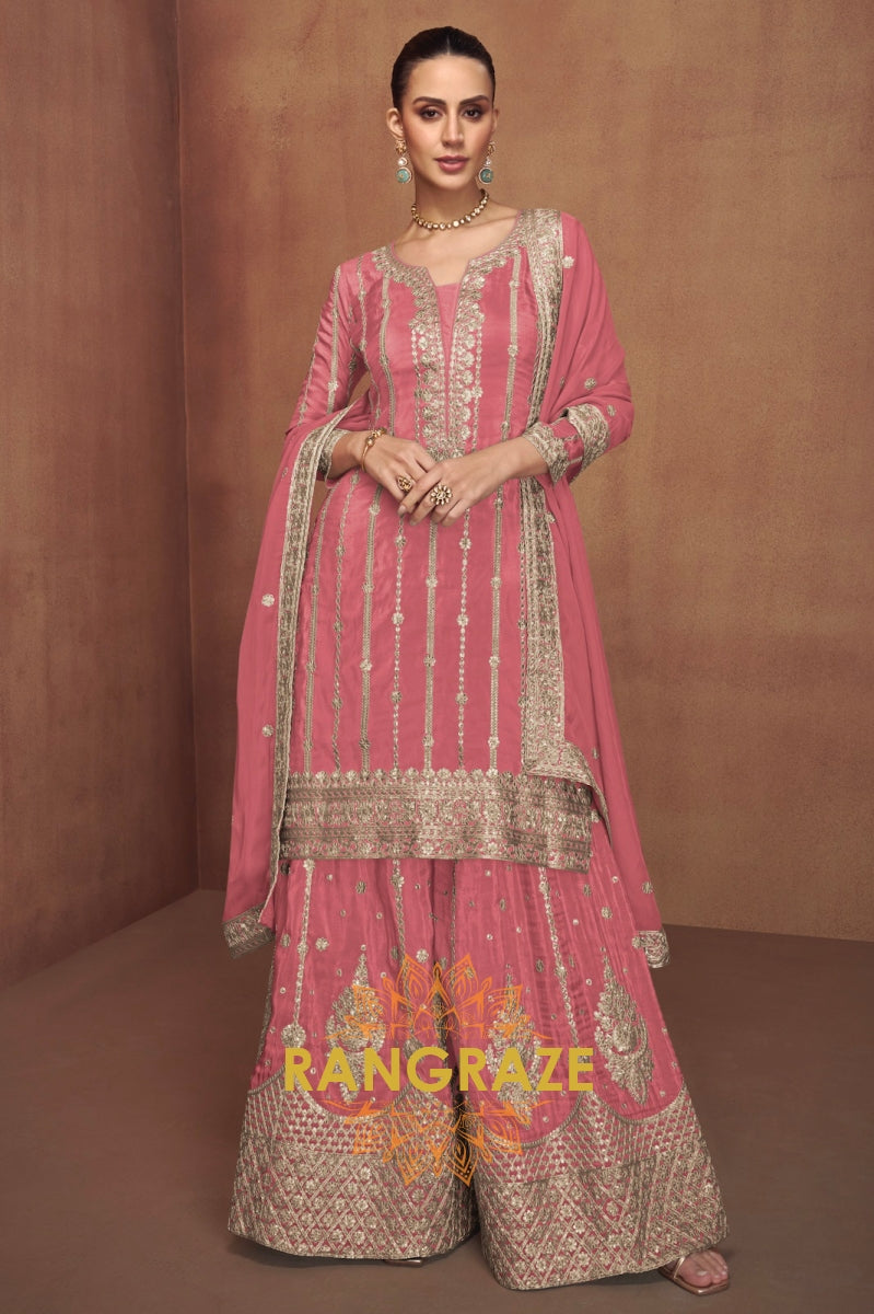 Blush Pink Embroidered Silk Palazzo Set