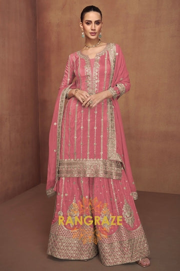 Blush Pink Embroidered Silk Palazzo Set