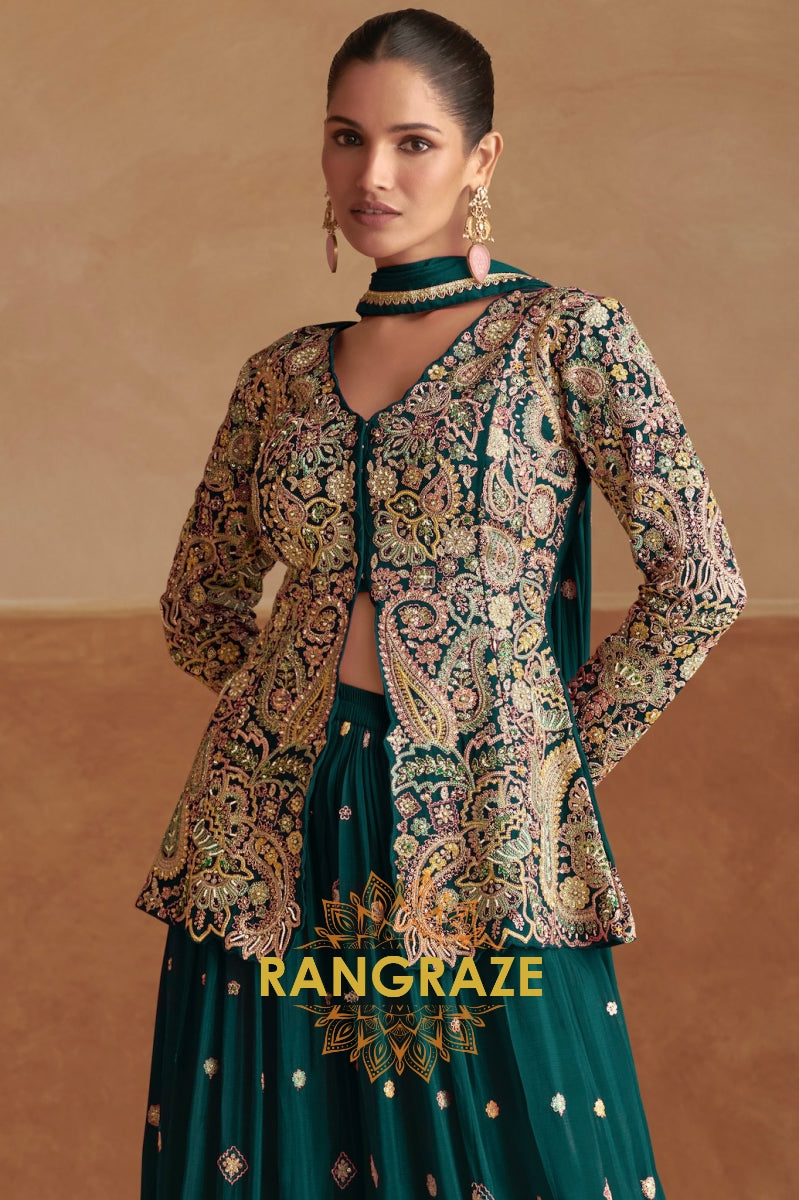 Emerald Green Embroidered Chinon Silk Sharara Suit Set