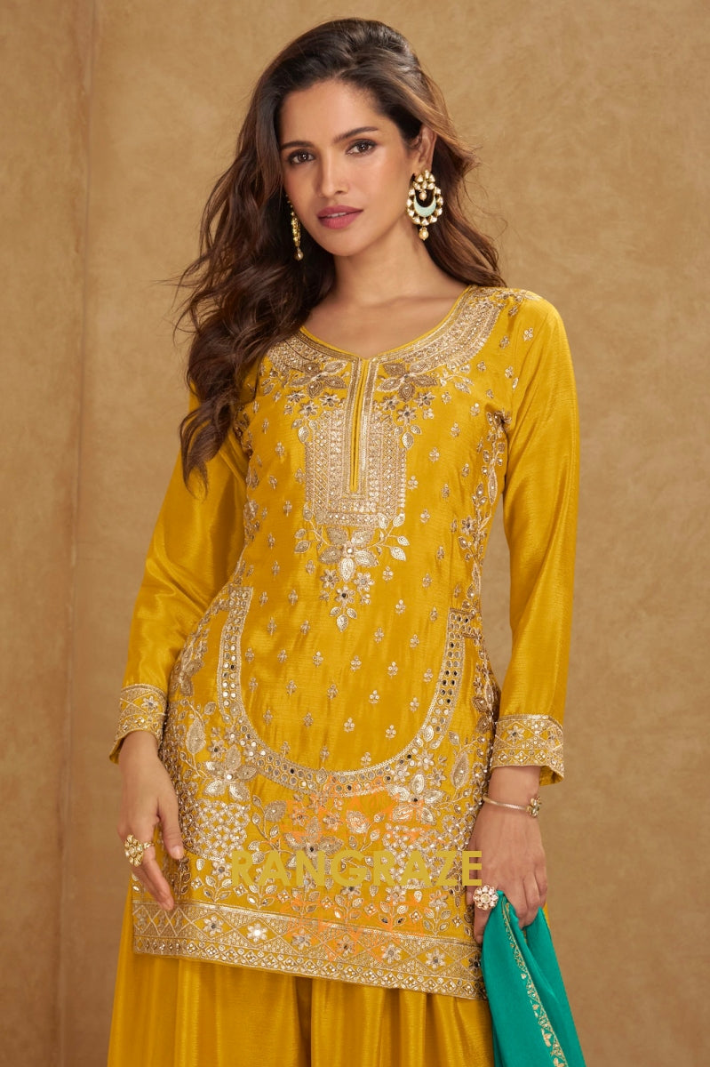 Marigold Yellow Embroidered Silk Palazzo Suit
