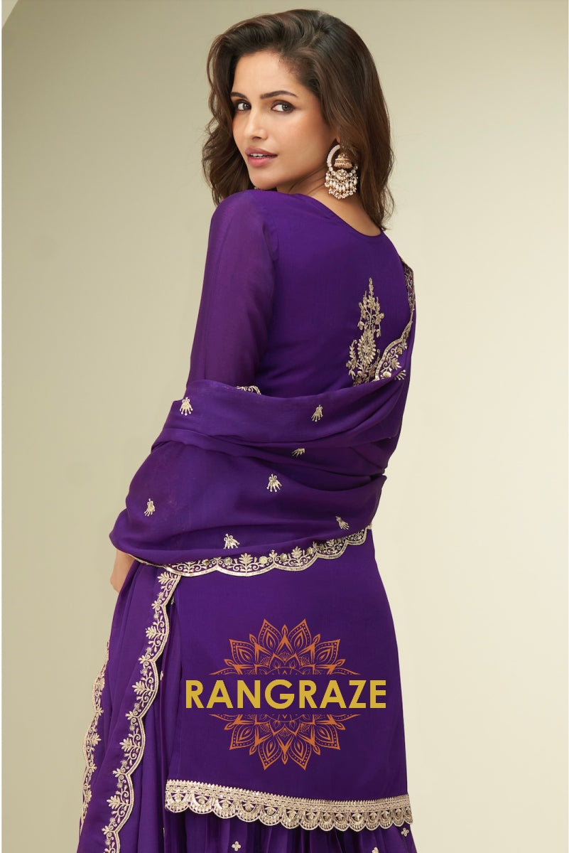 Royal Purple Embroidered Chinon Silk Sharara Set