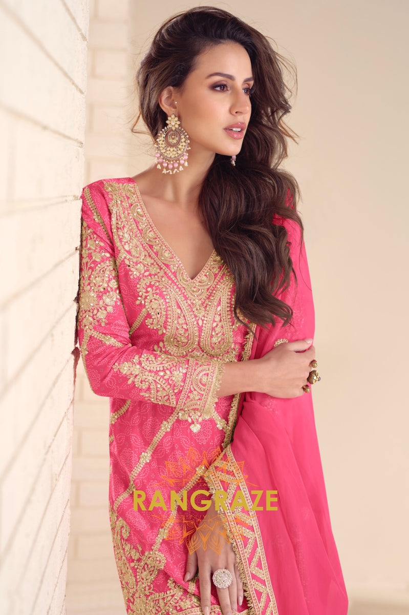 Radiant Rani Pink Embroidered Silk Sharara Suit Set