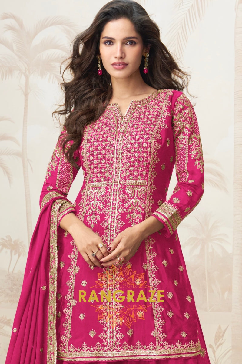 Radiant Rani Pink Embroidered Silk Skirt Suit Set