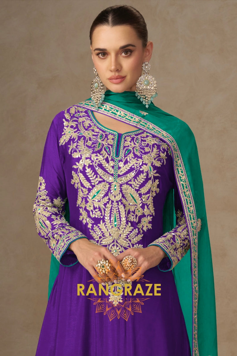 Regal Purple & Teal Embroidered Silk Sharara Set