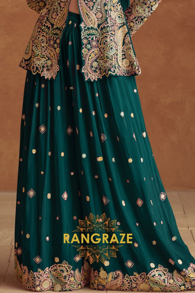 Emerald Green Embroidered Chinon Silk Sharara Suit Set