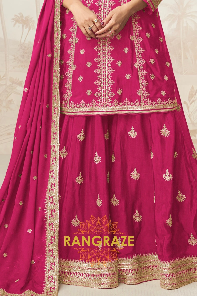 Radiant Rani Pink Embroidered Silk Skirt Suit Set