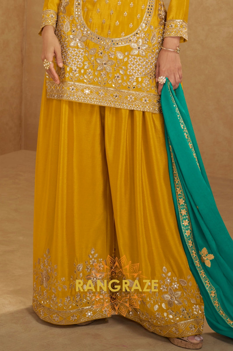 Marigold Yellow Embroidered Silk Palazzo Suit