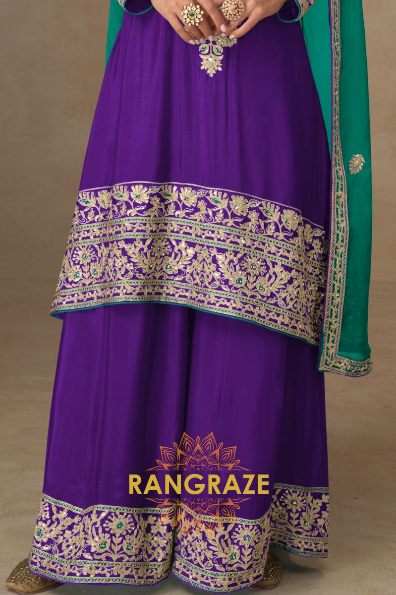 Regal Purple & Teal Embroidered Silk Sharara Suit Set