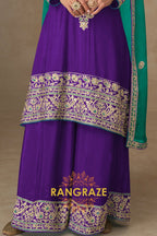 Regal Purple & Teal Embroidered Silk Sharara Suit Set