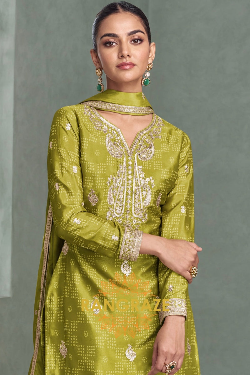 Olive Green Embroidered Silk Palazzo Suit Set
