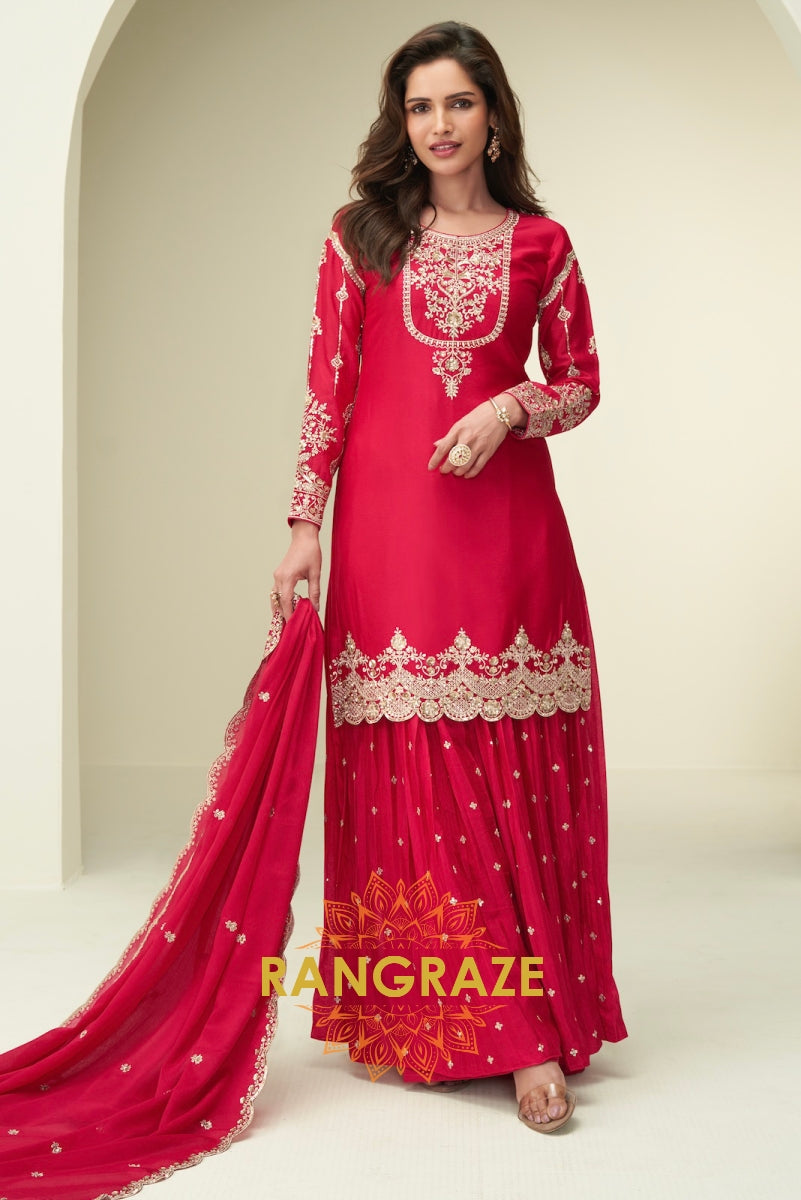 Red Embroidered Chinon Silk Suit Set