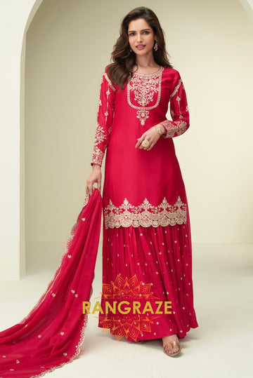 Red Embroidered Chinon Silk Suit Set