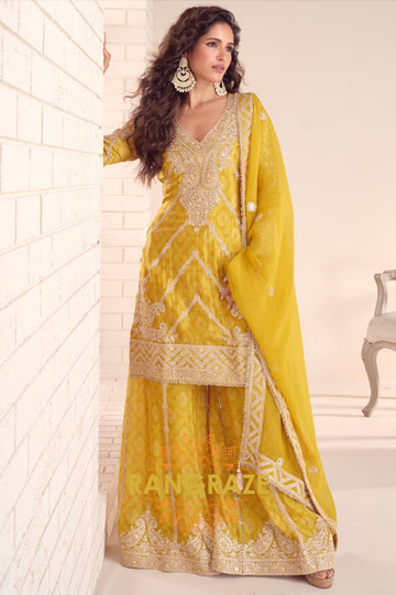 Mustard Yellow Embroidered Silk Sharara Set