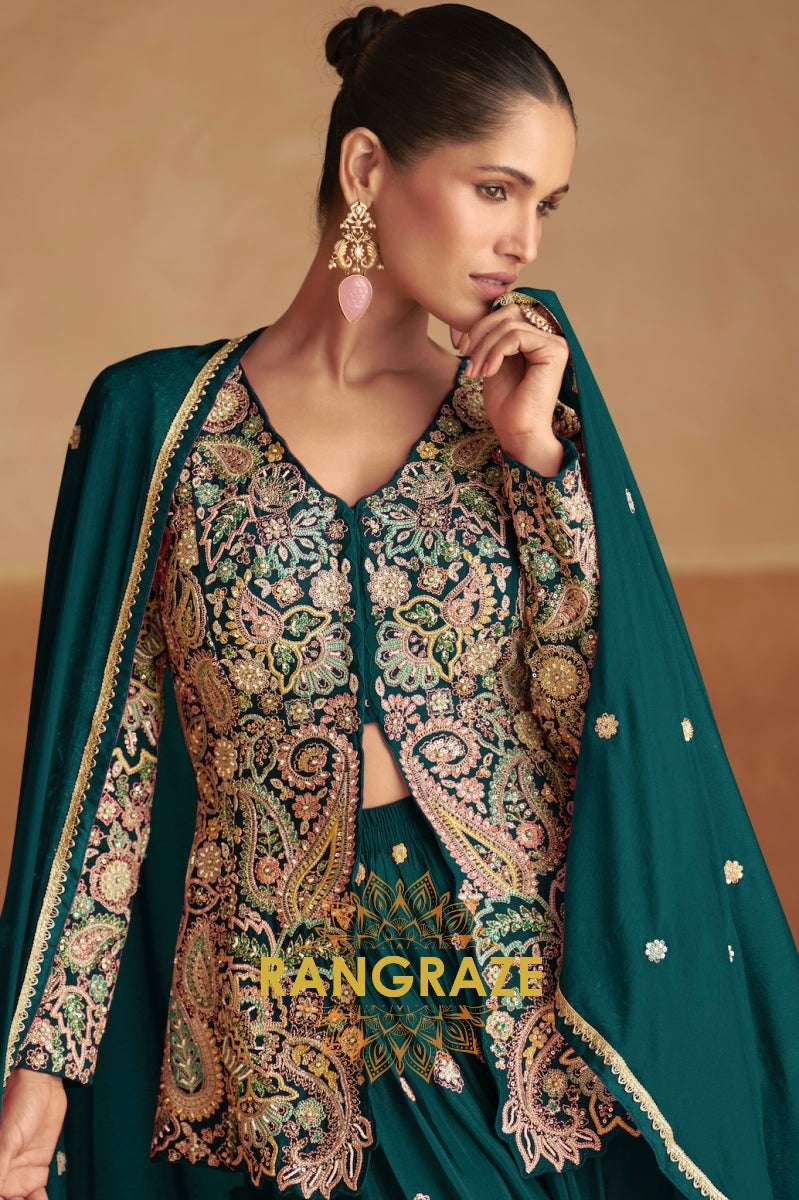 Emerald Green Embroidered Chinon Silk Sharara Suit Set
