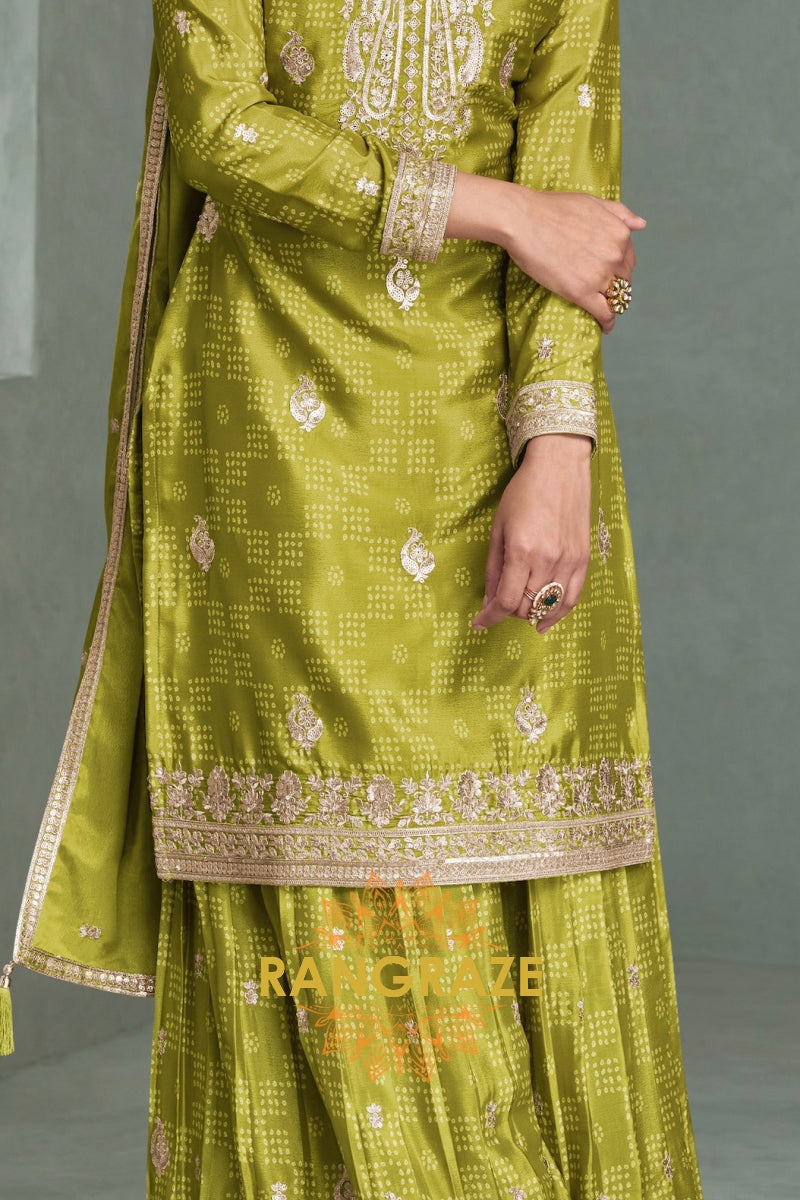 Olive Green Embroidered Silk Palazzo Suit Set