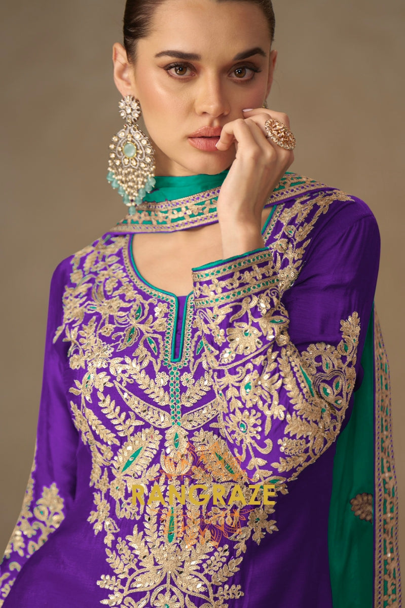 Regal Purple & Teal Embroidered Silk Sharara Suit Set