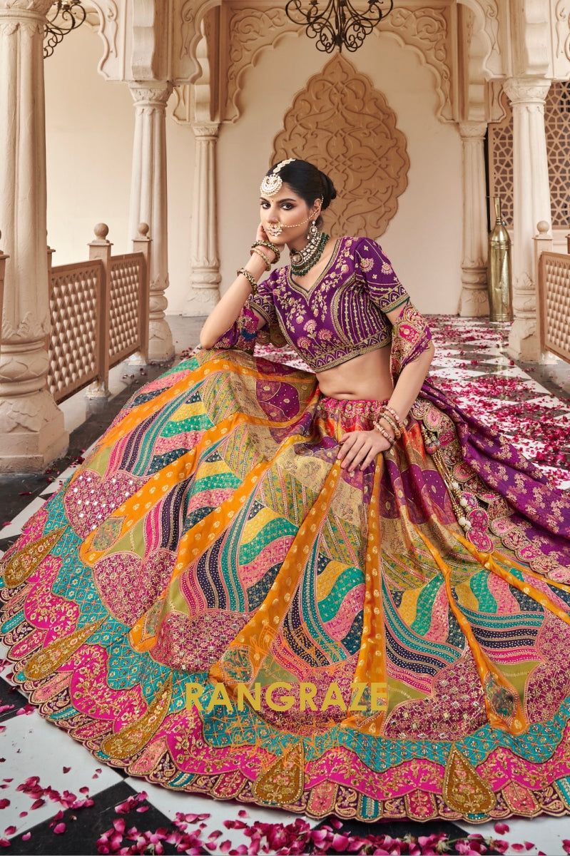 Royal Mélange Banarasi Silk Lehenga with Violet Embroidered Blouse and Multicolour Panelled Skirt