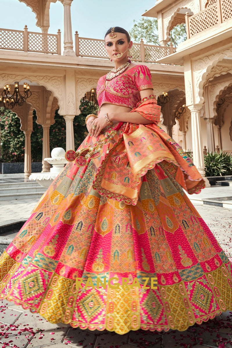 Coral Radiance Banarasi Silk Lehenga with Hot Pink Embroidered Blouse and Tangerine Dual-Tone Dupatta