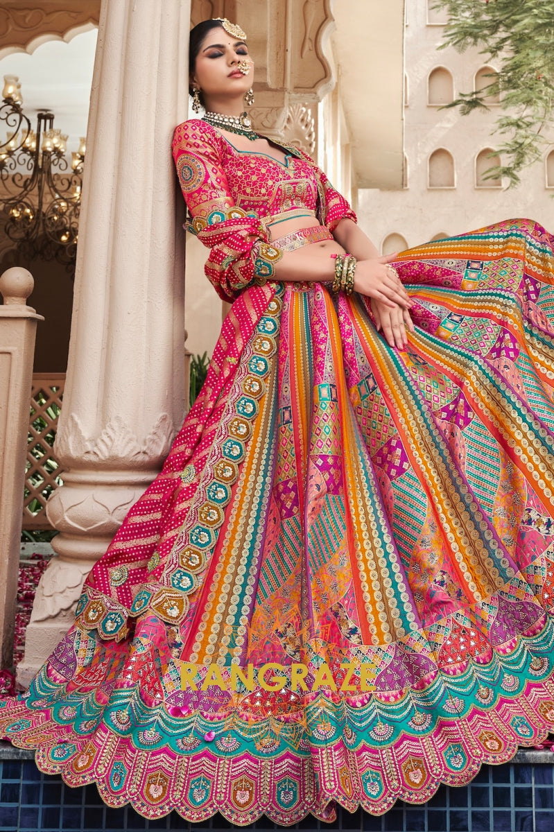 Mayra Banarasi Silk Lehenga with Pink Embroidered Blouse and Vibrant Multicolor Dupatta