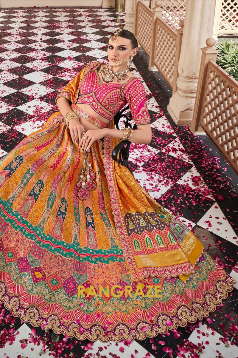 Marigold Majesty Banarasi Silk Lehenga with Rani Pink Embroidered Blouse and Mustard Floral Dupatta
