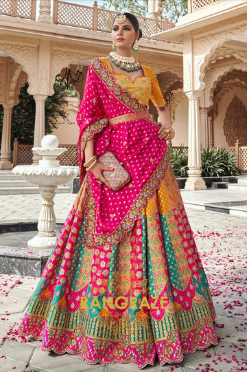 Royal Garden Banarasi Silk Lehenga with Mustard Blouse and Fuchsia Dupatta