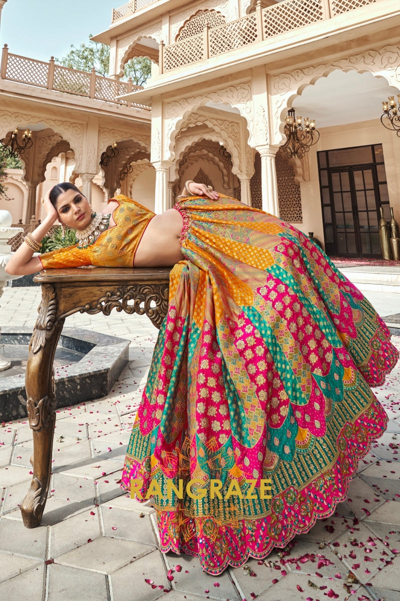 Royal Garden Banarasi Silk Lehenga with Mustard Blouse and Fuchsia Dupatta