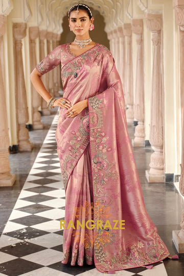 Blush Radiance: Designer Embroidered Silk Saree
