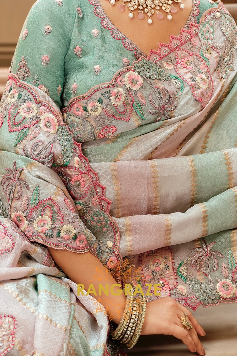 Ethereal Pastel Bloom: Designer Embroidered Silk Saree