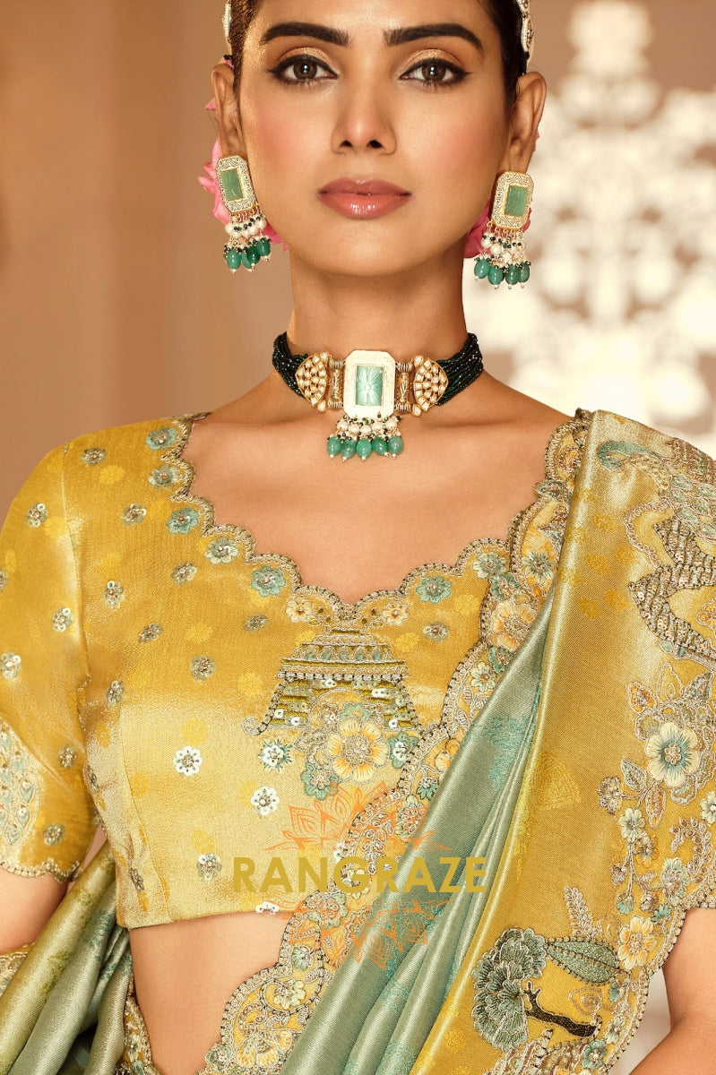 Emerald Sunrise Bloom: Designer Embroidered Silk Saree