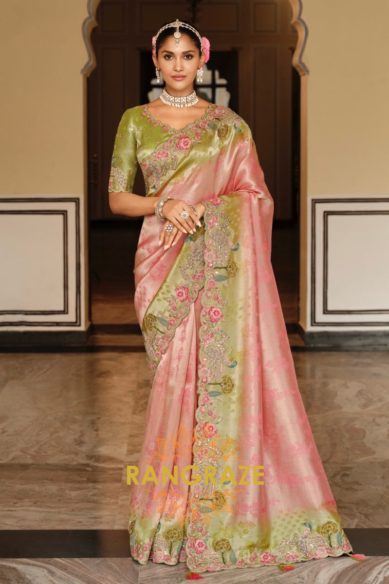 Blush Meadow Bloom: Designer Embroidered Silk Saree