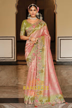 Blush Meadow Bloom: Designer Embroidered Silk Saree