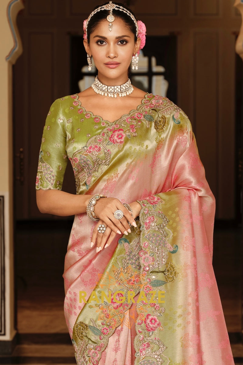 Blush Meadow Bloom: Designer Embroidered Silk Saree