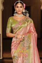 Blush Meadow Bloom: Designer Embroidered Silk Saree