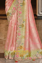 Blush Meadow Bloom: Designer Embroidered Silk Saree