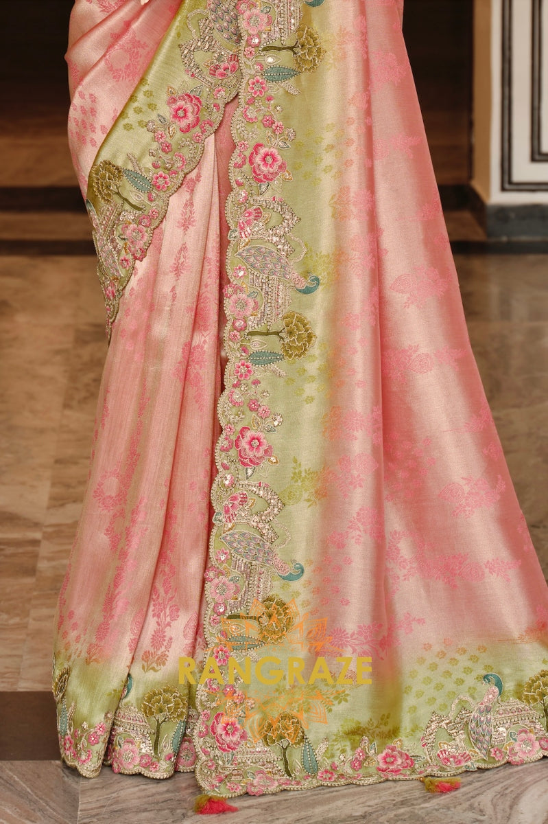 Blush Meadow Bloom: Designer Embroidered Silk Saree