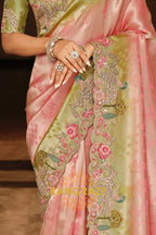 Blush Meadow Bloom: Designer Embroidered Silk Saree