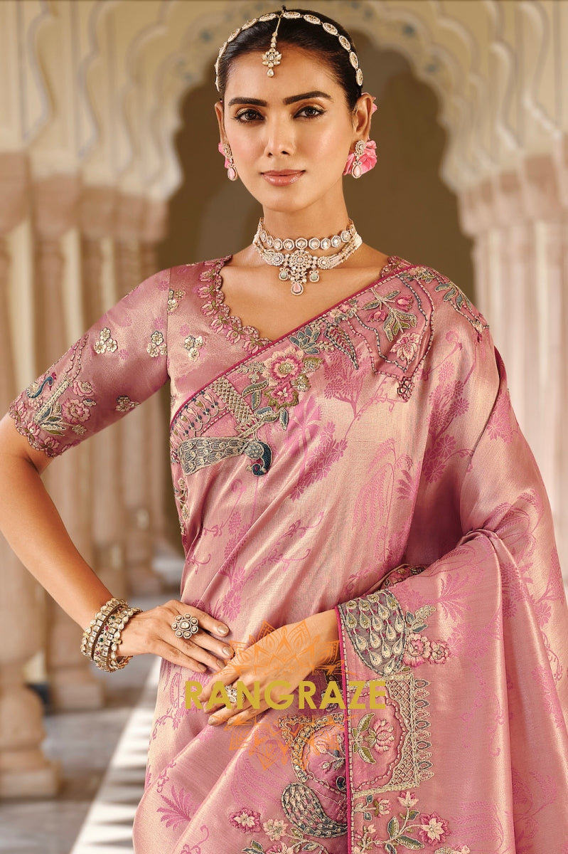 Blush Radiance: Designer Embroidered Silk Saree