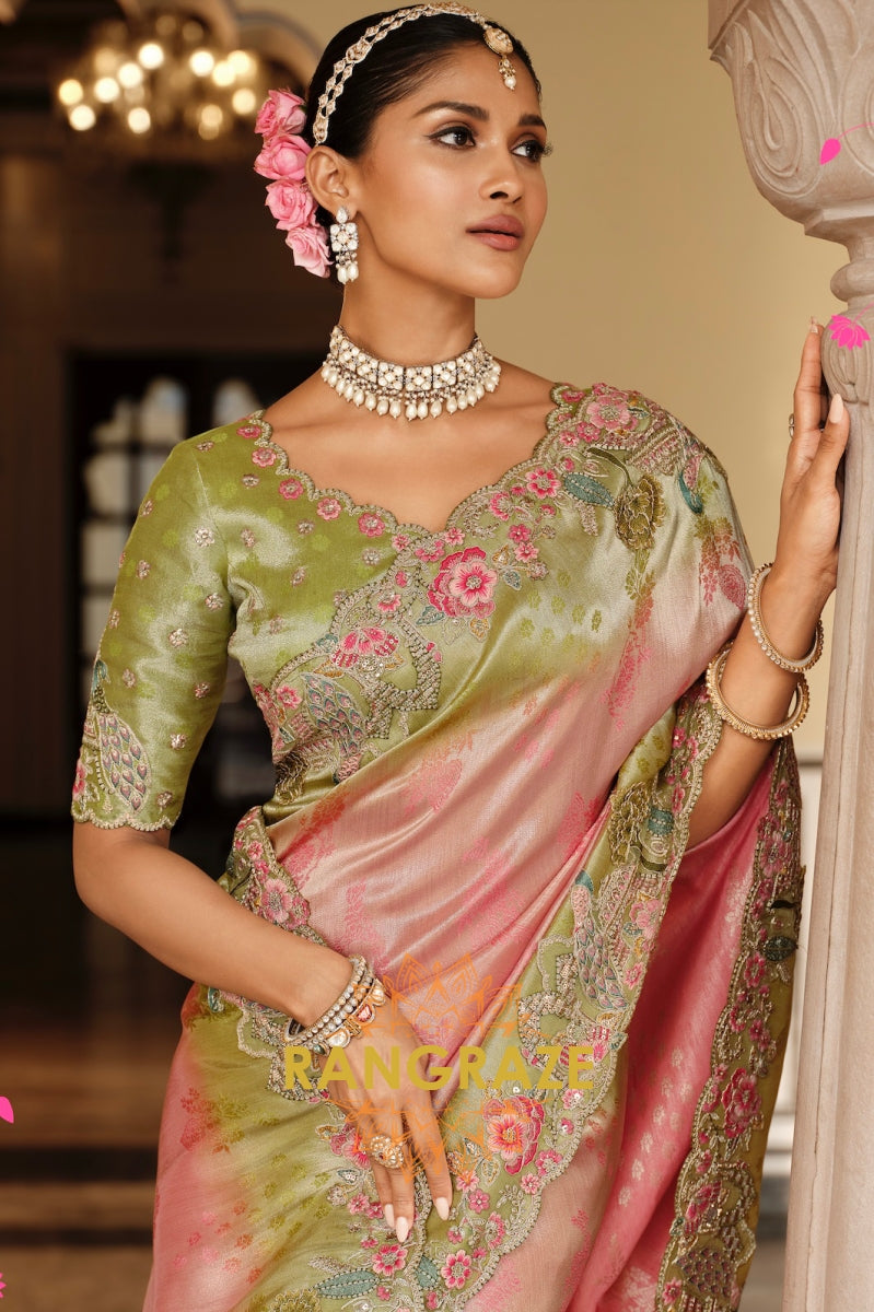 Blush Meadow Bloom: Designer Embroidered Silk Saree