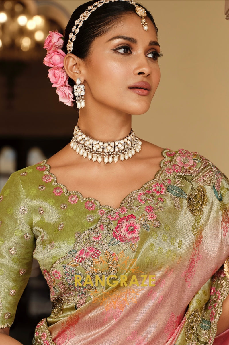 Blush Meadow Bloom: Designer Embroidered Silk Saree