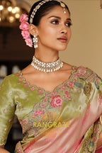 Blush Meadow Bloom: Designer Embroidered Silk Saree