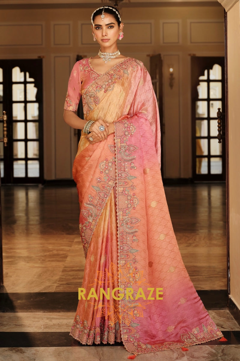 Blush Peach Elegance: Designer Embroidered Silk Saree