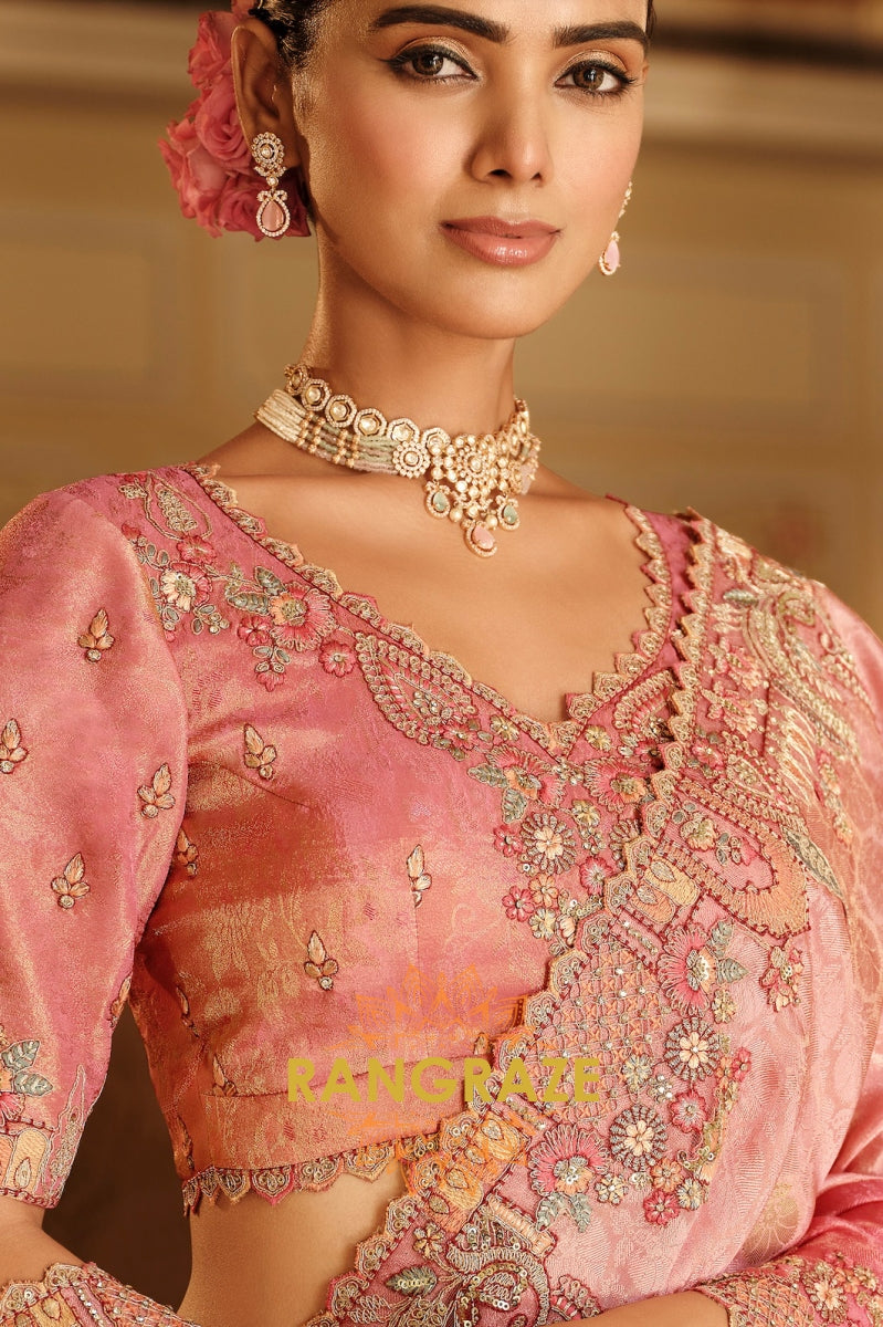 Blush Peach Elegance: Designer Embroidered Silk Saree