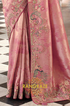 Blush Radiance: Designer Embroidered Silk Saree