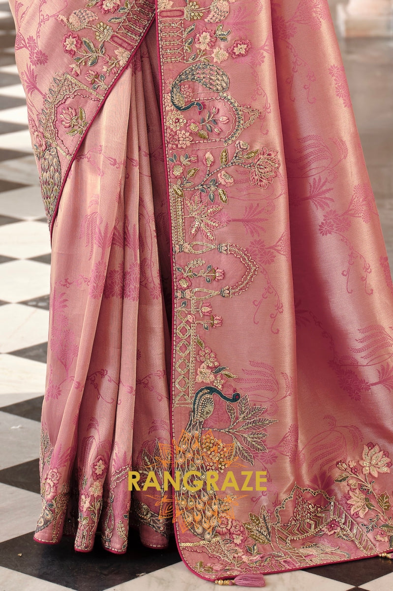 Blush Radiance: Designer Embroidered Silk Saree