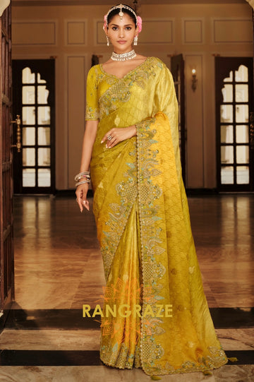 Golden Olive Charm: Designer Embroidered Tissue Silk Saree