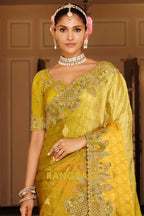 Golden Olive Charm: Designer Embroidered Tissue Silk Saree