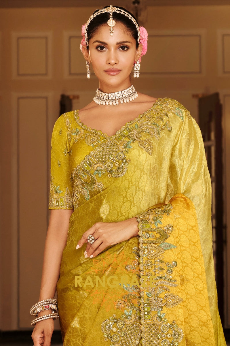 Golden Olive Charm: Designer Embroidered Tissue Silk Saree