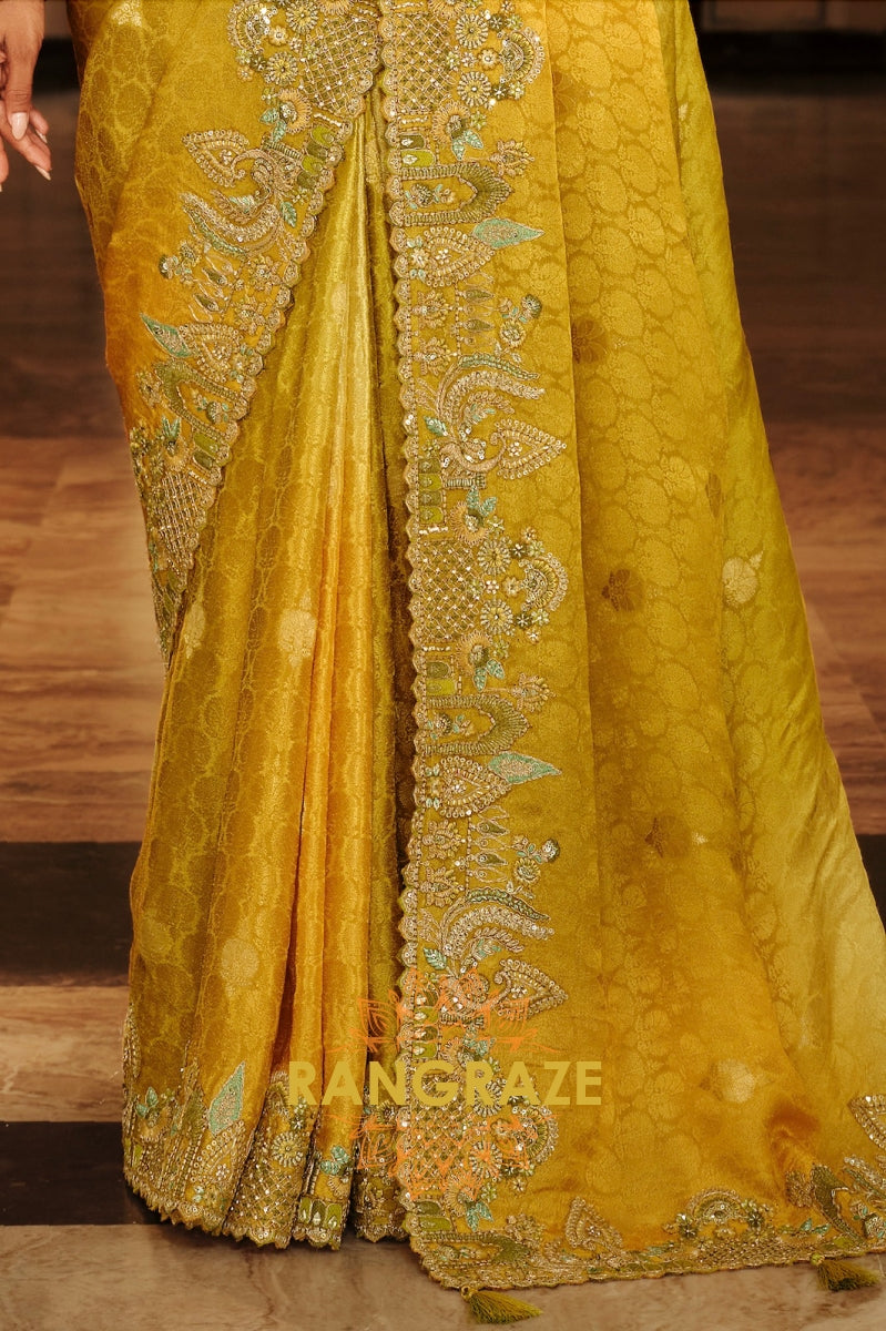 Golden Olive Charm: Designer Embroidered Tissue Silk Saree