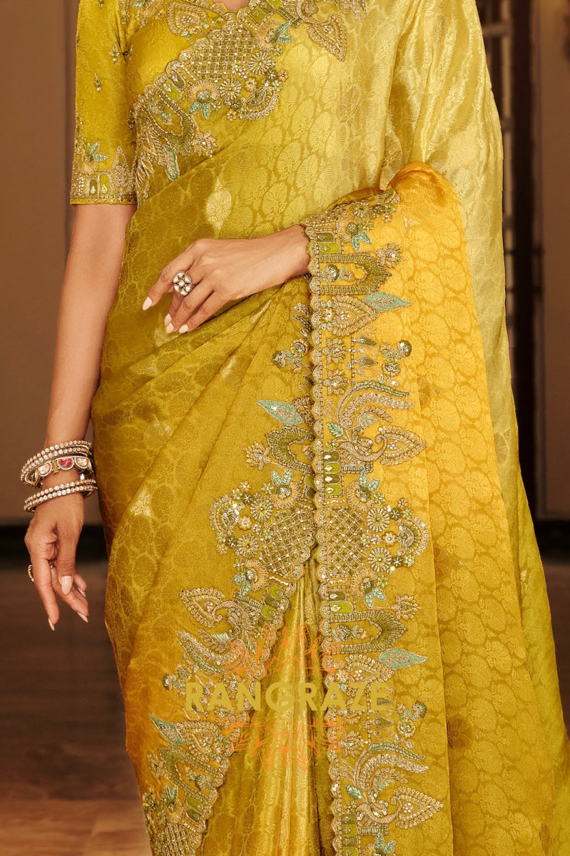Golden Olive Charm: Designer Embroidered Tissue Silk Saree